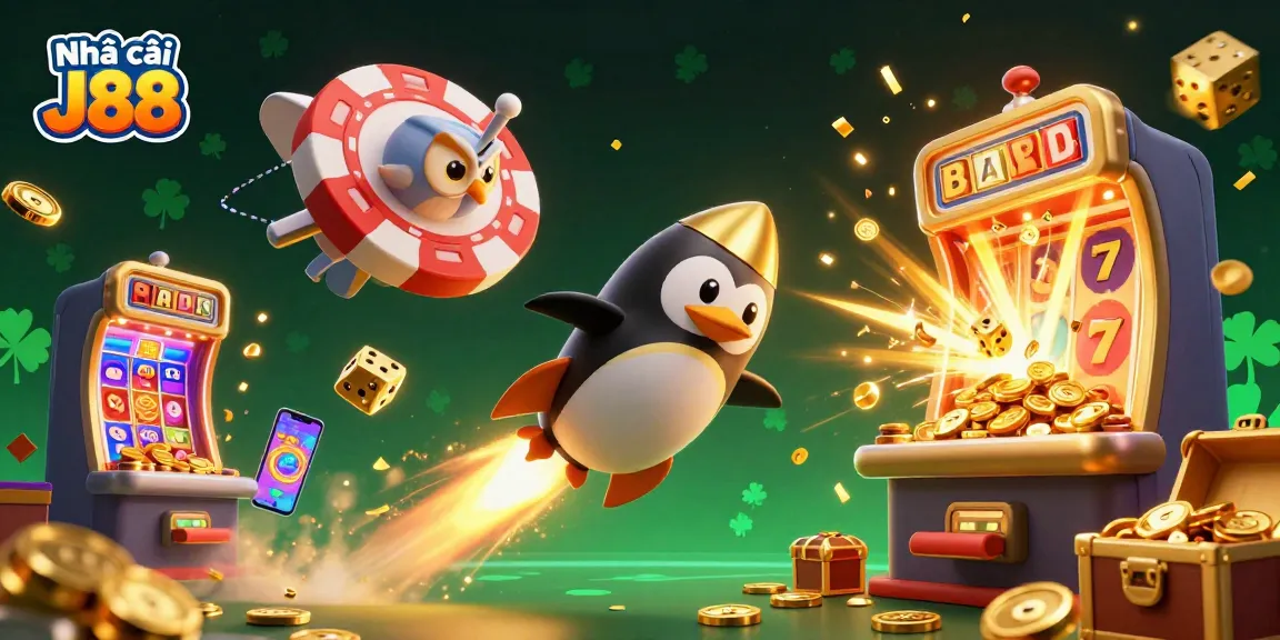 Engage with Nhà cái J88 through this vibrant illustration showcasing a golden penguin and thrilling casino elements.