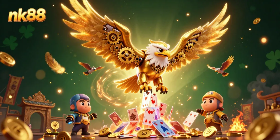 Experience thrilling gameplay at nk88, with a dynamic golden eagle soaring through playing cards amidst casino elements.