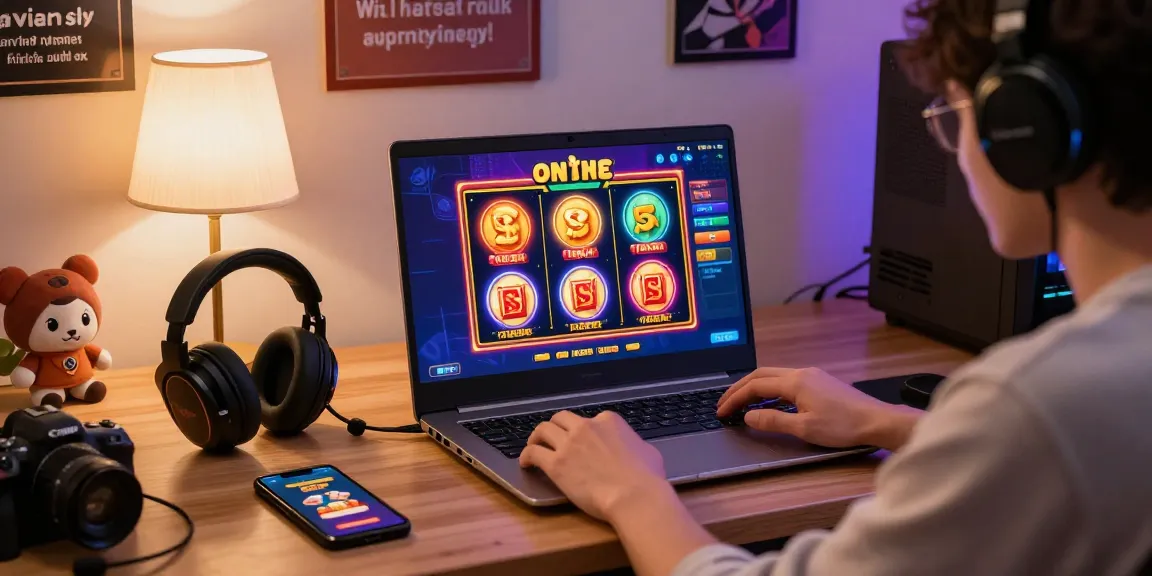 Exciting situs slot online gaming scene with player at laptop, showcasing vibrant visuals and gaming ambiance.
