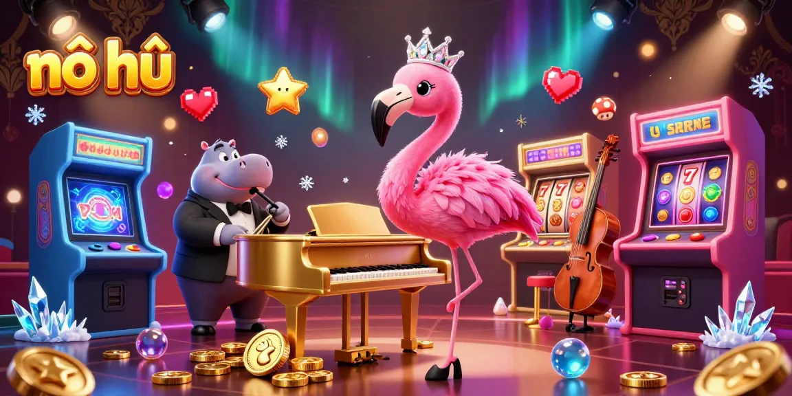 Play nổ hũ at a vibrant casino scene featuring slot machines, colorful game elements, and lively characters.