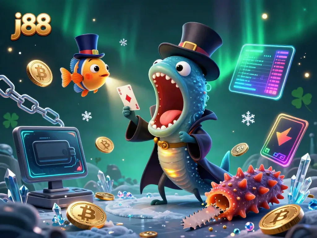 Experience the thrill of j88 as a bioluminescent eel performs magical card tricks in a vibrant casino scene.