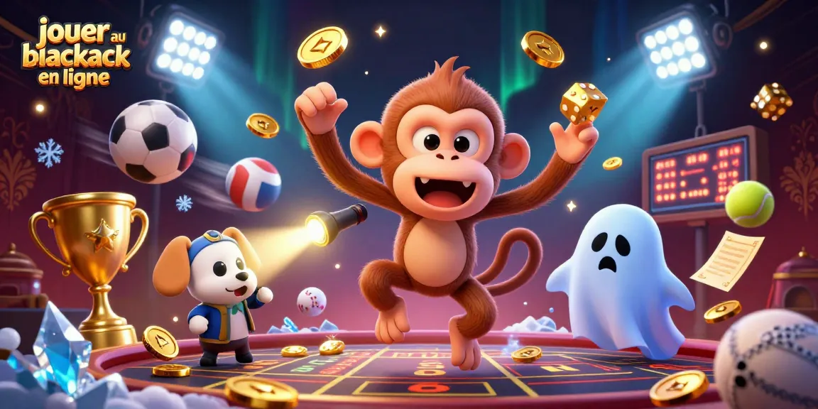 Jouer au blackjack en ligne avec un singe poltergeist espiègle jonglant des objets d'or et un chiot chasseur de fantômes.