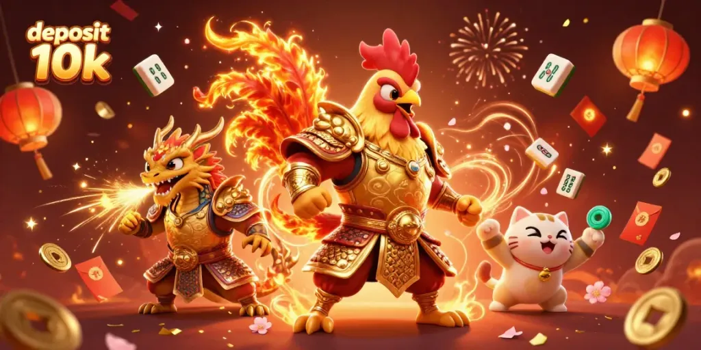 Deposit 10k in gaming excitement with a fighting rooster and dragon in a vibrant casino scene.