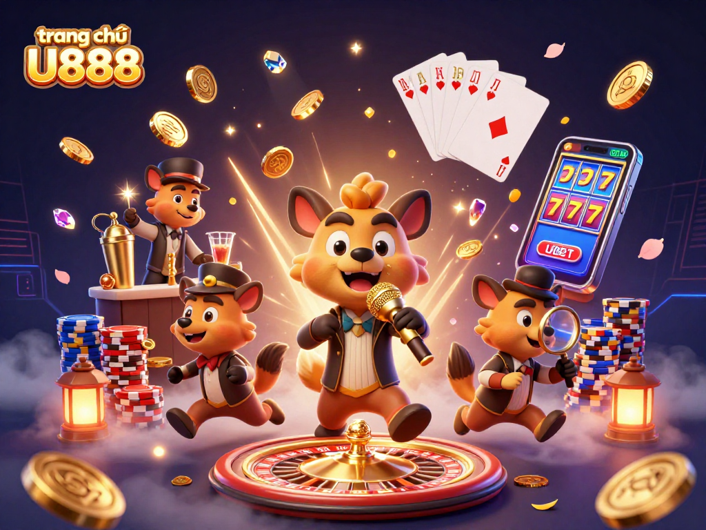 Experience the excitement at trang chủ U888 with laughing hyena characters and vibrant casino elements spinning around them.