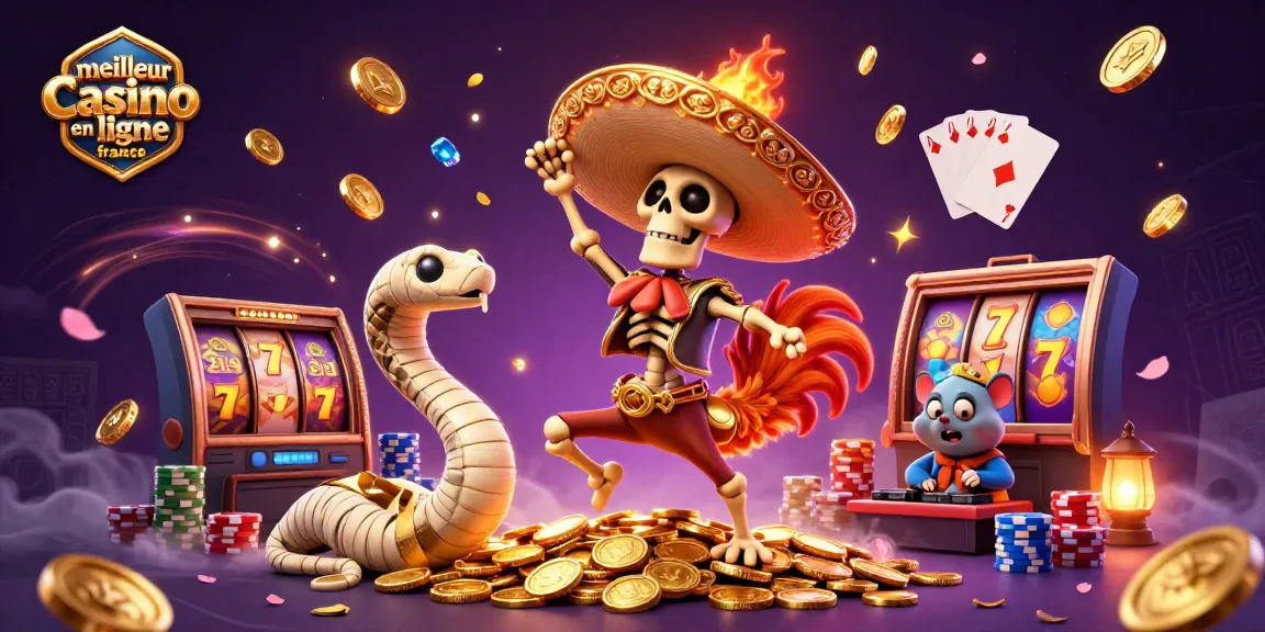 Jouer au meilleur casino en ligne France avec une illustration dynamique d'un rooster de mariachi et des éléments de casino.