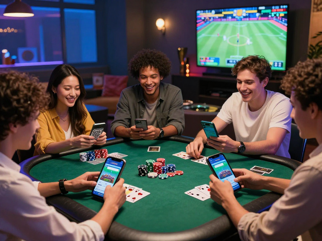 sòng bạc Jin88 - Nhóm bạn vui vẻ chơi game trực tuyến với ứng dụng cá cược, không khí náo nhiệt và hứng khởi