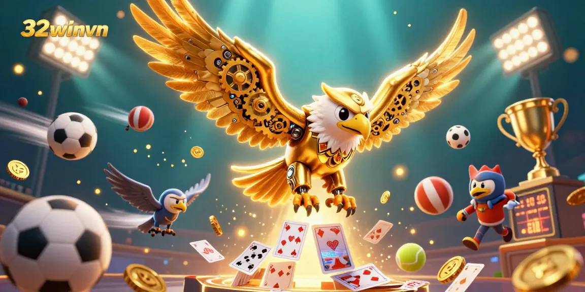 Experience the dynamic gaming world of 32winvn with a dazzling 3D illustration featuring a cybernetic eagle and vibrant casino elements.