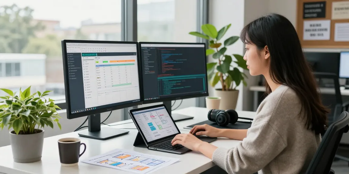 A software developer using the rti scheduler on dual monitors in a modern workspace.