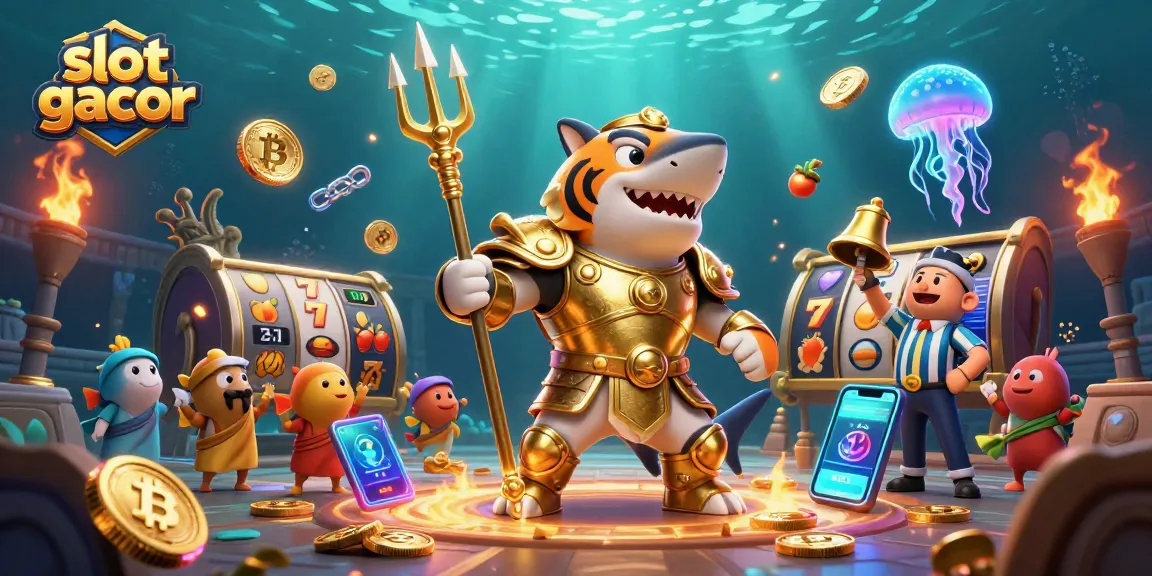 Engage with thrilling slot gacor adventures in a vibrant underwater scene featuring a golden gladiator shark.