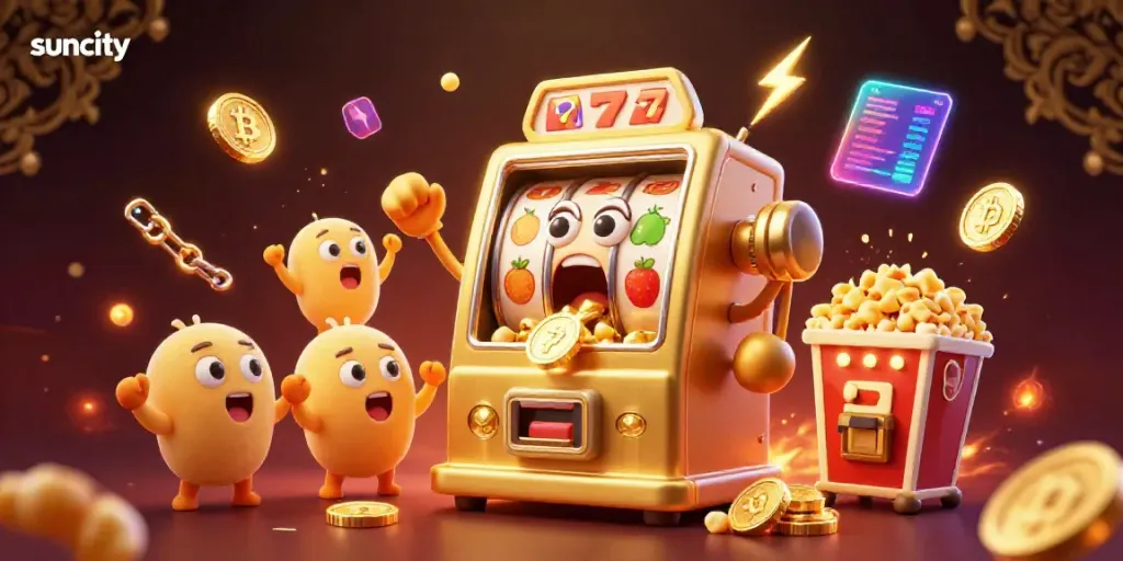 Experience excitement with suncity's golden slot machine hitting a jackpot surrounded by cheering characters.