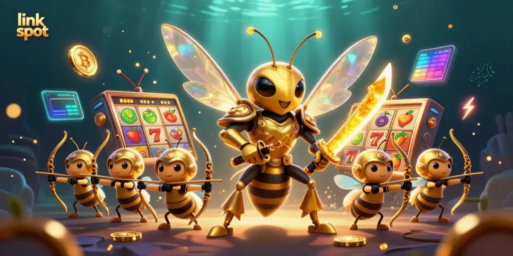 Permainan slot menarik "link slot" dengan karakter lebah dan elemen kasino digital yang memikat.