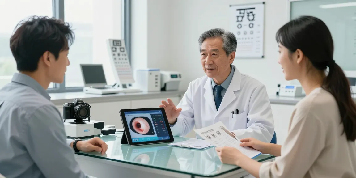 Ophthalmologist explaining 라섹 treatment options to a patient in a modern eye clinic.