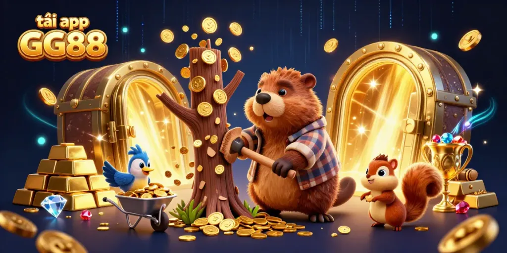 Engage with the colorful world of tải app GG88 featuring cartoon characters celebrating success amidst wealth.