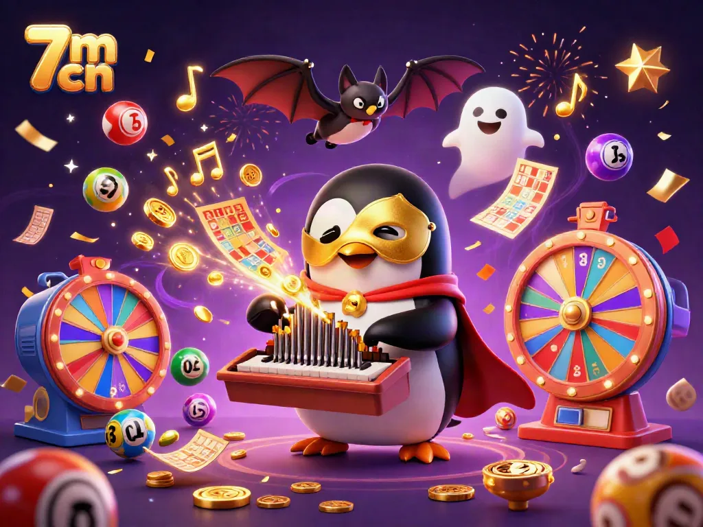 Experience the excitement of 7m cn with a lively illustration of a penguin at a gaming organ surrounded by vibrant lottery elements.