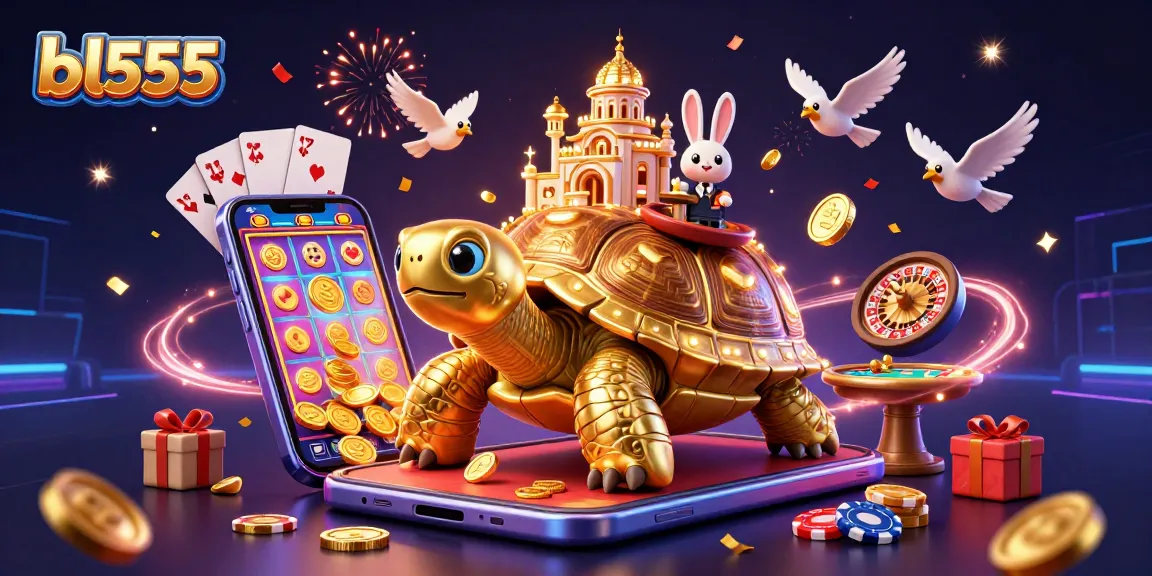 Experience thrilling gaming at bl555 with a golden tortoise casino, rabbit dealer, and coins fluttering