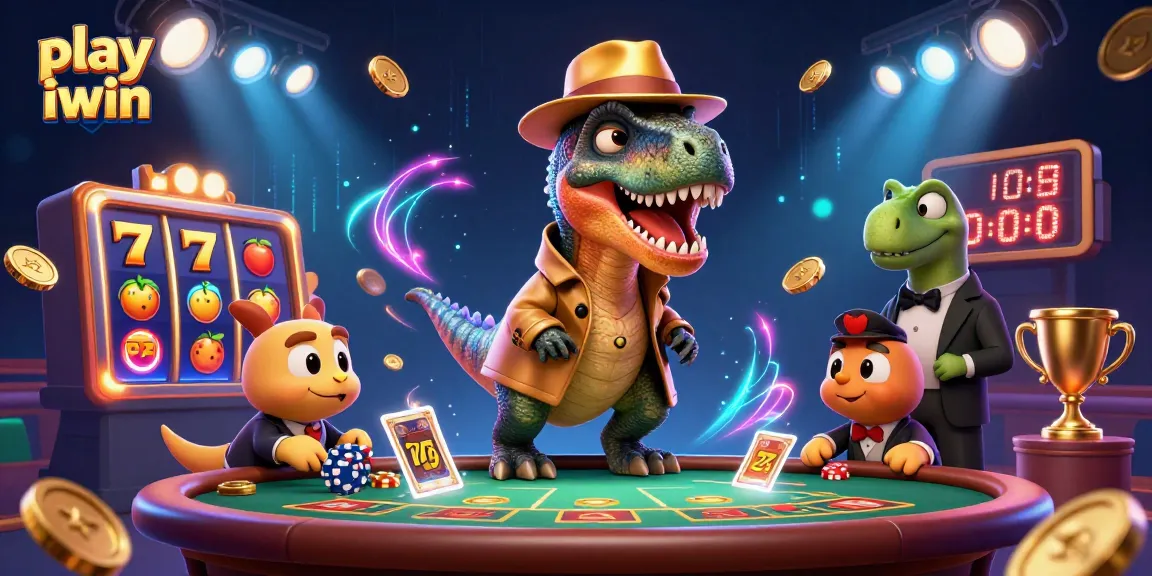 Play iwin with a fun velociraptor card counter in a lively casino scene.