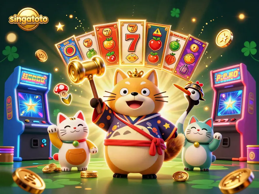 Experience the excitement of singatoto while winning jackpots with vibrant slot reels and cheerful characters.