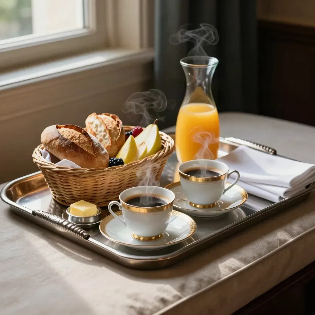 Hotel breakfast tray with coffee, pastries, fruit, juice and butter in warm morning light