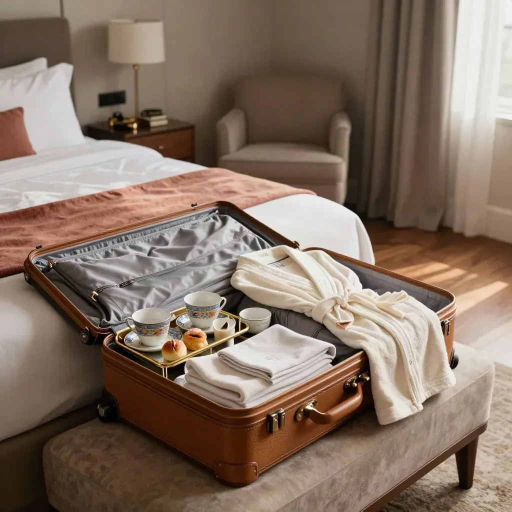 Boutique suite with suitcase, robe, breakfast tray, luggage rack and slippers by billowing curtains.