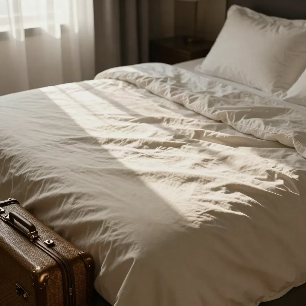 Rumpled king bed with open curtain and half-zipped suitcase in soft morning light