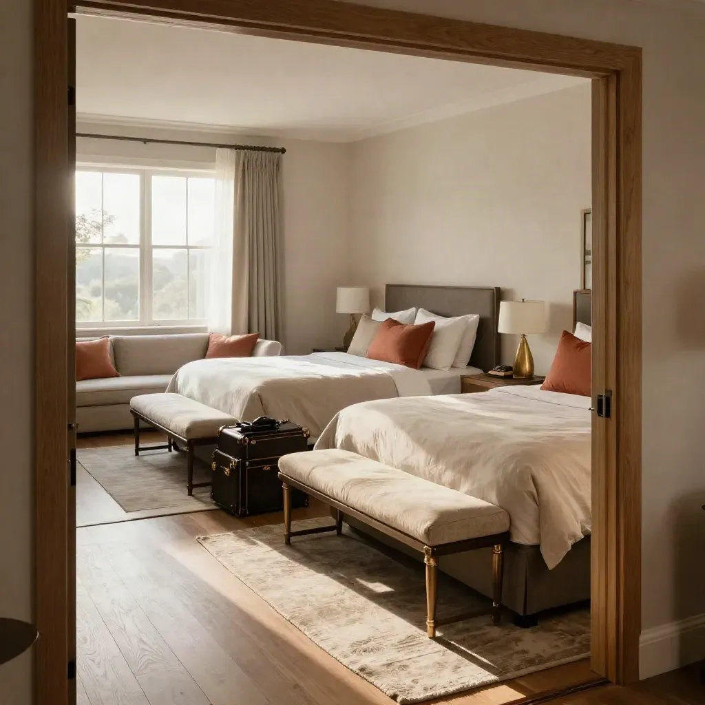 Wide hotel family room with two queen beds, sofa bed, luggage and terracotta accents.