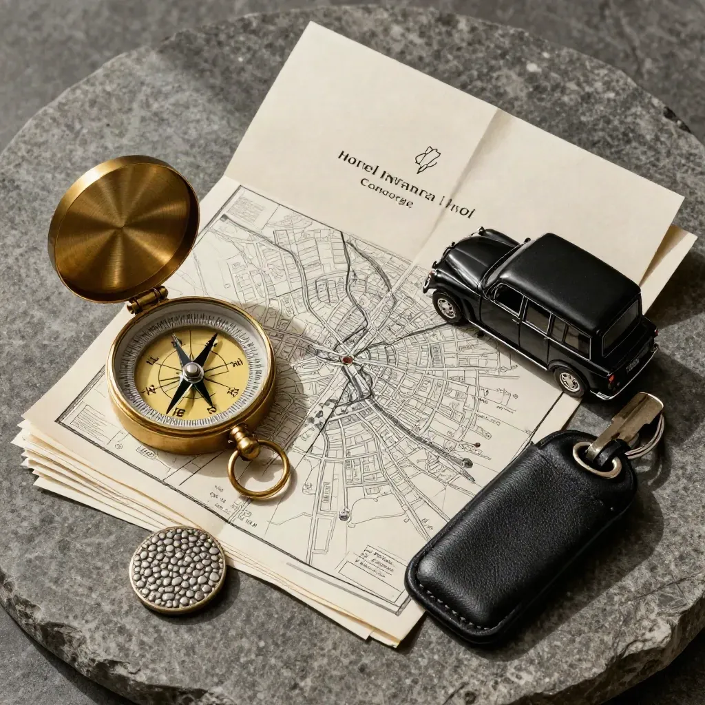 Brass compass, folded city plan, cab miniature and key fob on stone in warm light.