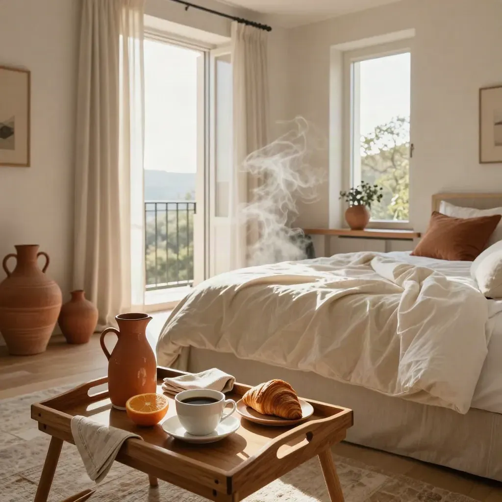 Sunlit suite interior with breakfast tray, rumpled duvet, citrus, coffee, and open balcony.