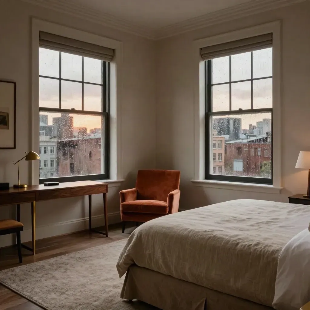 Grand corner king hotel room with two windows, bed, chair and desk at twilight