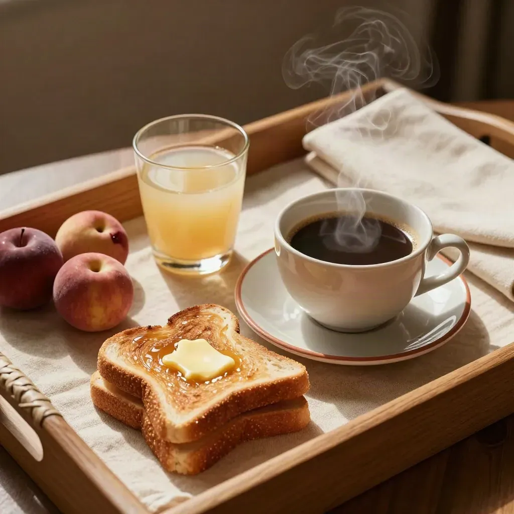 Steaming breakfast tray with coffee, juice, toast, fruit, linen, and ceramic cup