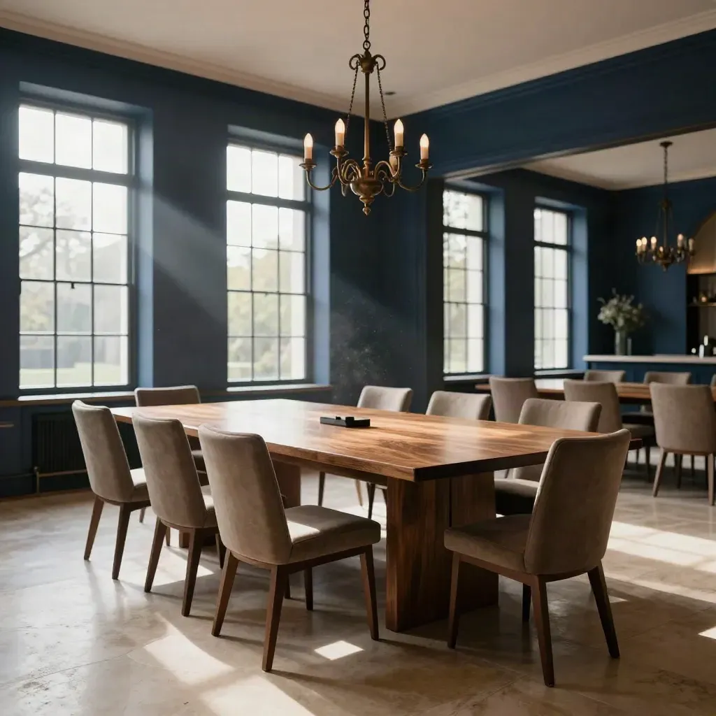 Sunlit heritage meeting room with long table, chair backs, and chandeliers in a calm wide interior