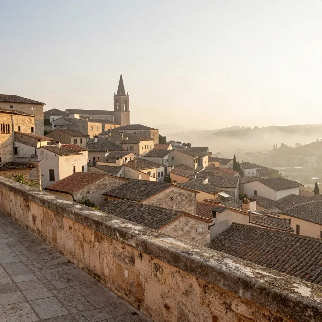 Golden overlook above old-town rooftops with misty towers and calm copy space below.