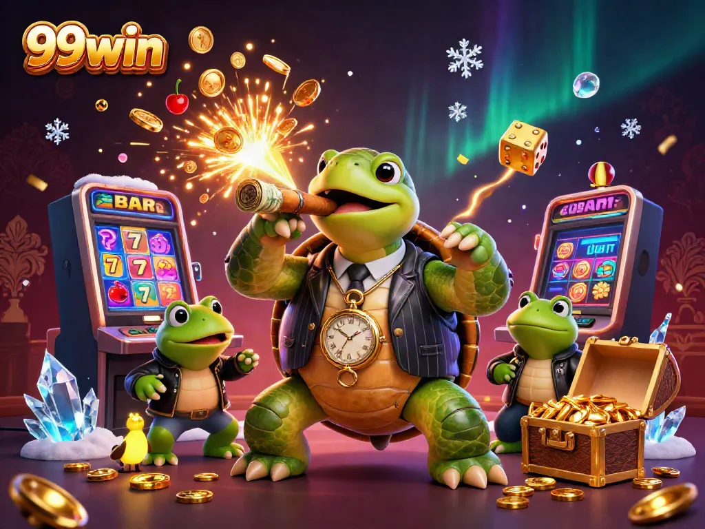 Get ready to play at 99win with a vibrant casino scene featuring a mobster turtle and bullfrog enforcers.
