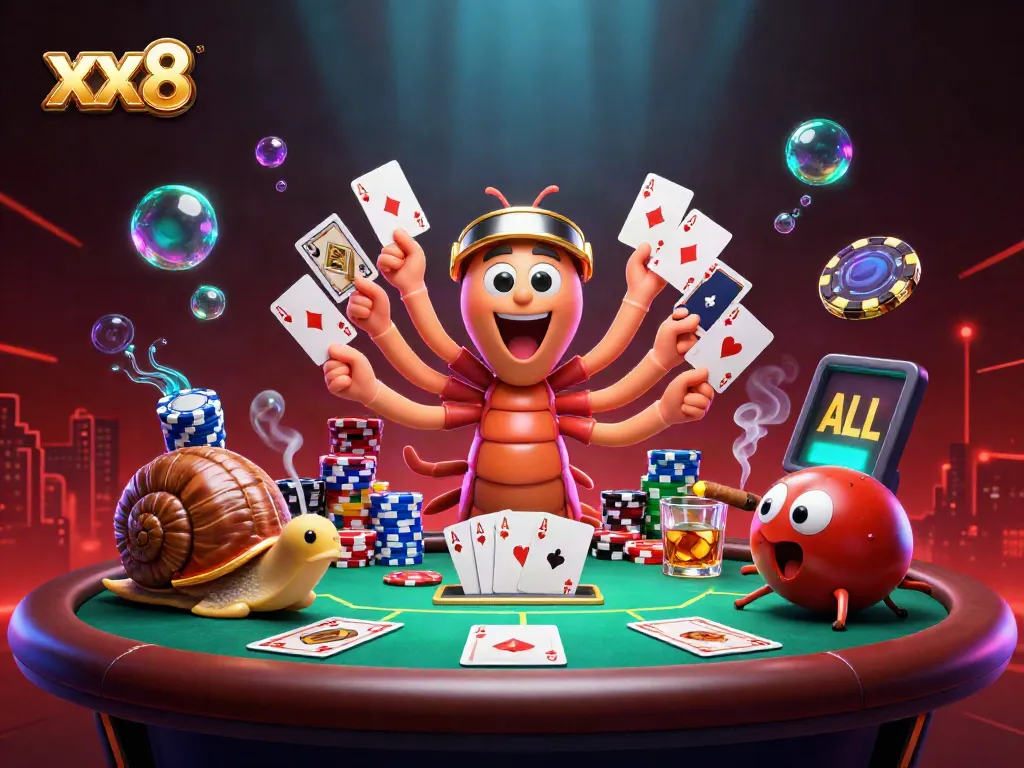 Engage in exciting play with xx8 as the vibrant dealer leads the card game, surrounded by dazzling chips and a lively atmosphere.