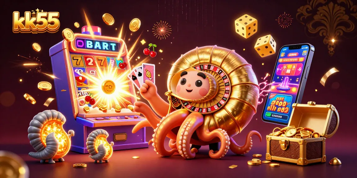 Join the exciting world of KK55 with vibrant symbols of casinos and winning moments.