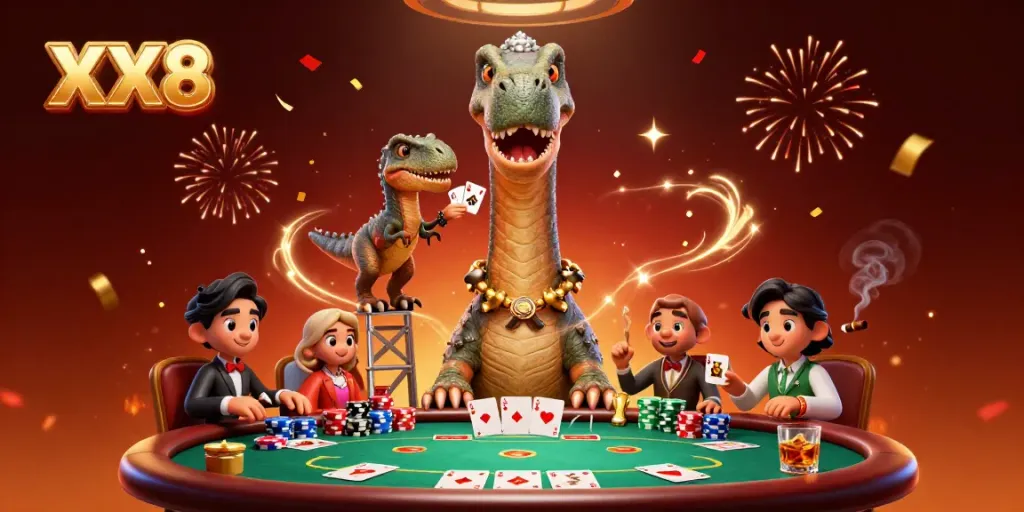 Experience the fun of poker play as the cartoon brontosaurus joins a raptor dealer at the XX8 casino table.