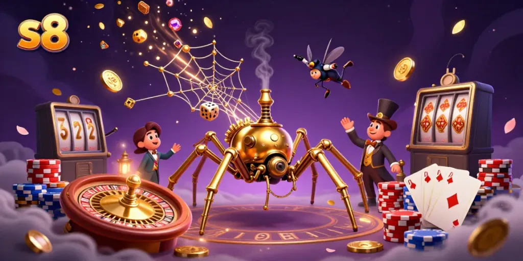 Engage with s8's vibrant casino scene featuring a golden spider and dynamic game elements for an immersive experience.