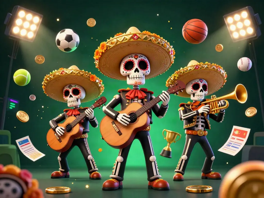 Experience thrilling action with the vibrant 789win mariachi band amidst flying sports elements.