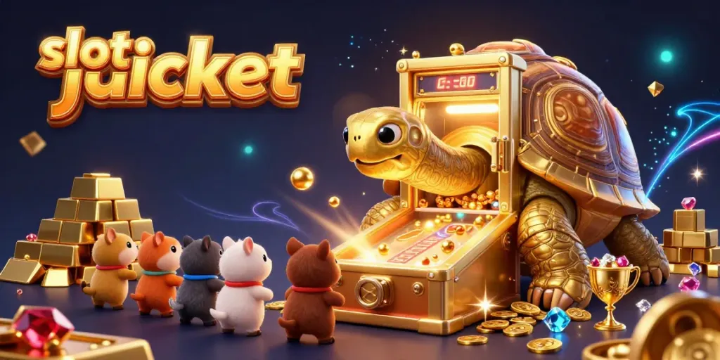 Experience the thrill of winning big at slot jackpot with a vibrant scene of a colossal tortoise and gems.