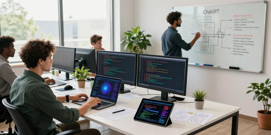 Diverse AI developers brainstorming innovative ChatGPT alternatives in a modern co-working space with vibrant coding displays.
