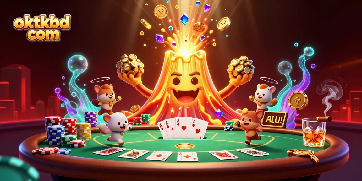 Experience thrilling gameplay at oktkbd com with lively 3D casino illustration featuring golden volcano and poker elements.