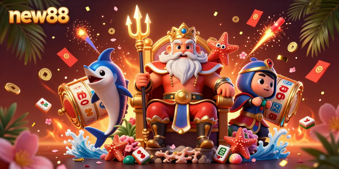 Experience excitement with new88's vibrant casino scene featuring colorful characters and dynamic game elements.