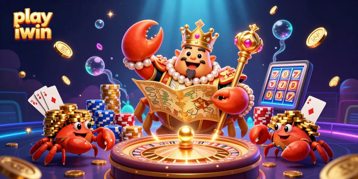 Play iwin with a golden crab emperor surrounded by casino elements in vibrant 3D art.