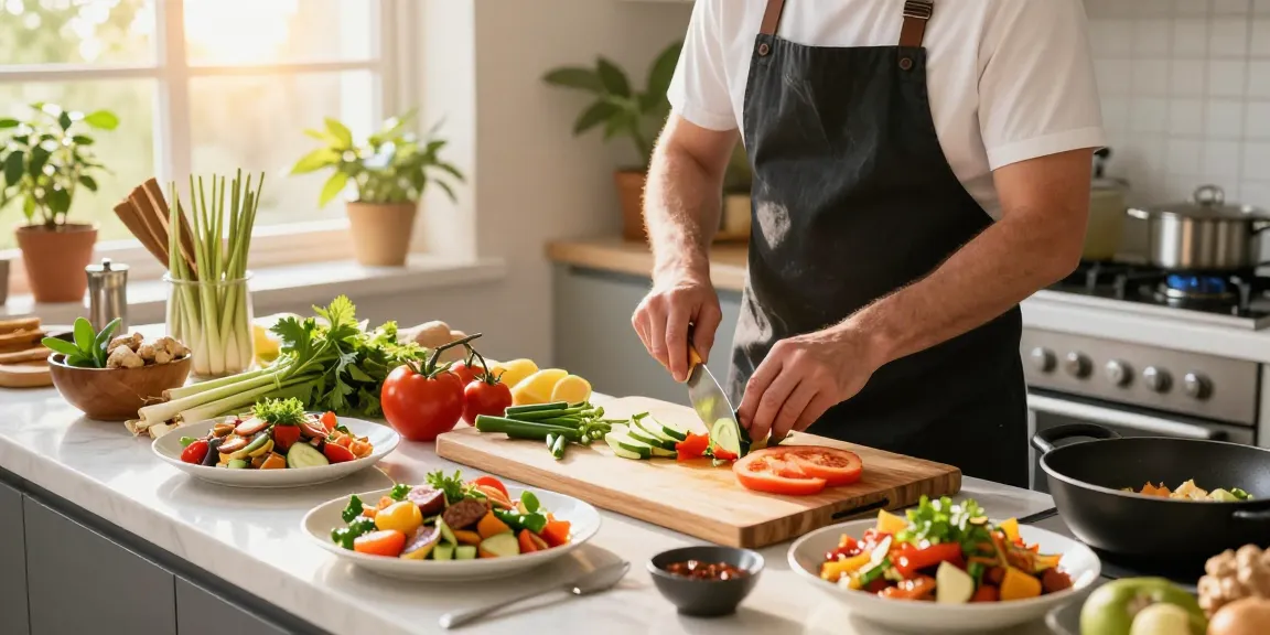 Healthy cooking scene featuring fresh ingredients, showcasing เว็บสล็อต แท้ 100 เปอร์เซ็นต์ benefits through nutritious meals, inviting kitchen atmosphere.