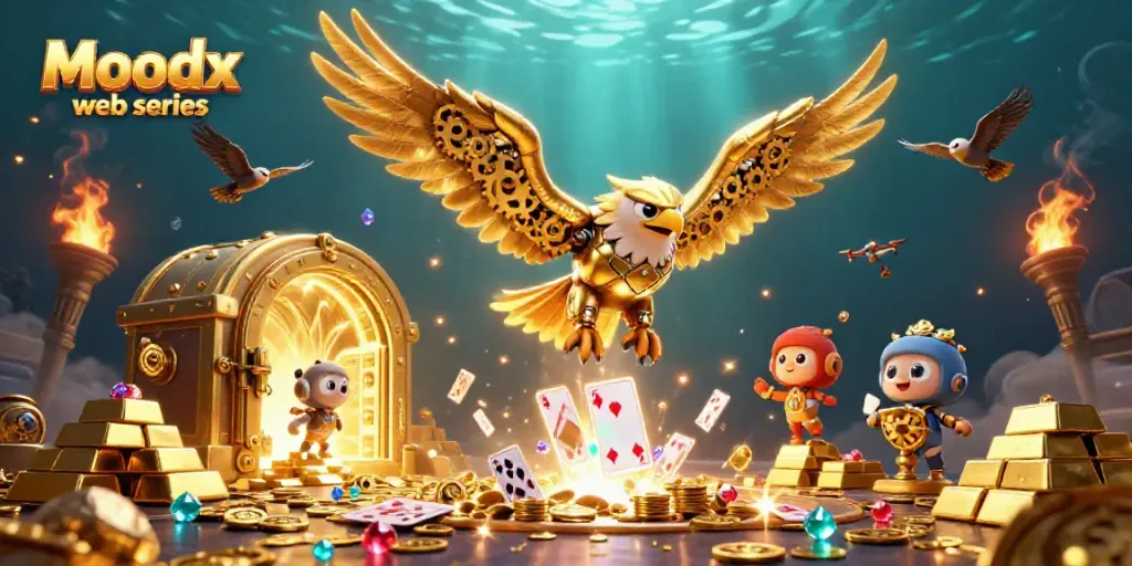 Menampilkan Moodx web series dalam ilustrasi 3D yang kaya dengan elemen kasino dan harta karun.
