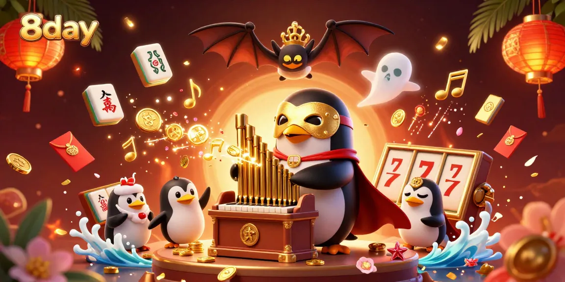 Play exciting games at 8day with a vibrant scene of a penguin organist, gold coins, and lively casino elements.