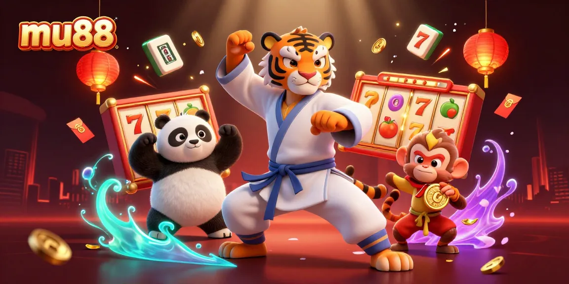 Experience mu88's exciting slots with the kung fu tiger amidst vibrant casino elements.
