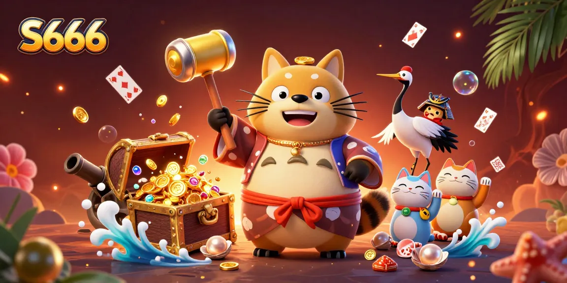 S666 players celebrate wins in an ultra-detailed online casino illustration with vibrant 3D characters and underwater treasures.