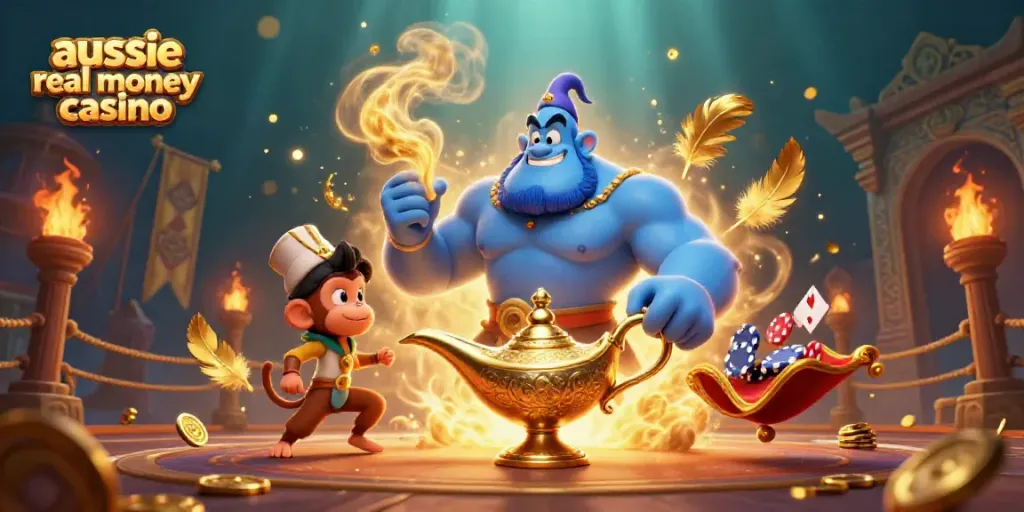 Experience the thrill of the aussie real money casino with a blue genie and poker chips in a dynamic scene.