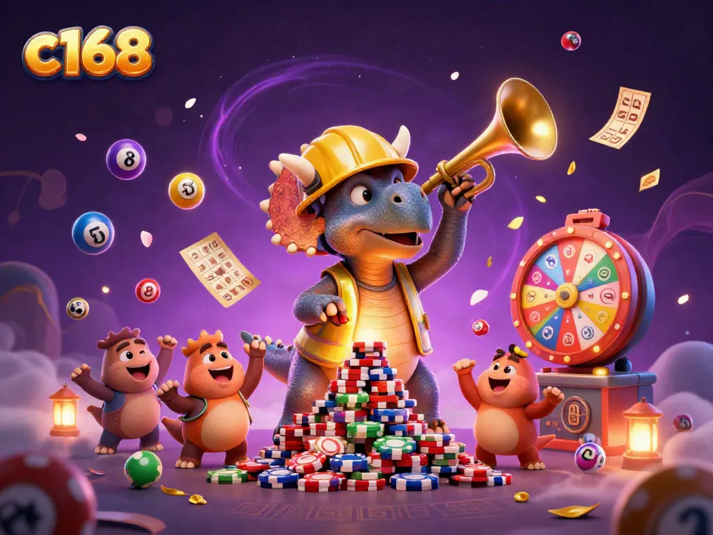 Engage in thrilling casino fun with c168's vibrant characters celebrating while surrounded by lottery elements.