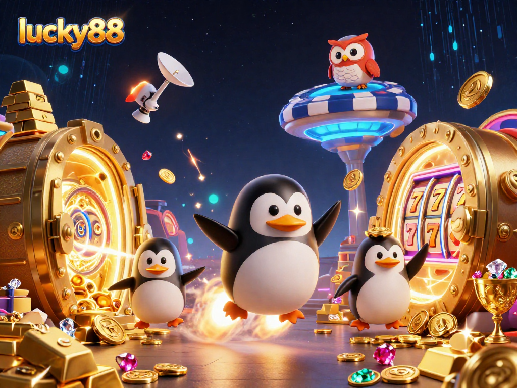 Experience the lucky88 adventure with a golden penguin in a vibrant casino universe.